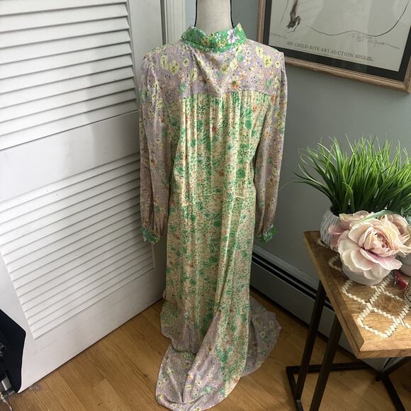 ANN TAYLOR LOFT Shirt Dress Womens Large Green Floral Maxi Godet Pastel Romantic - Picture 6 of 12